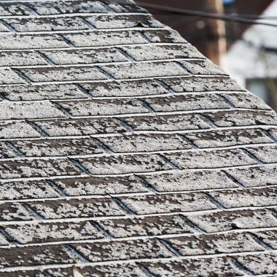 close up of gray shingles covered in mildew and rot showing time for replacement
